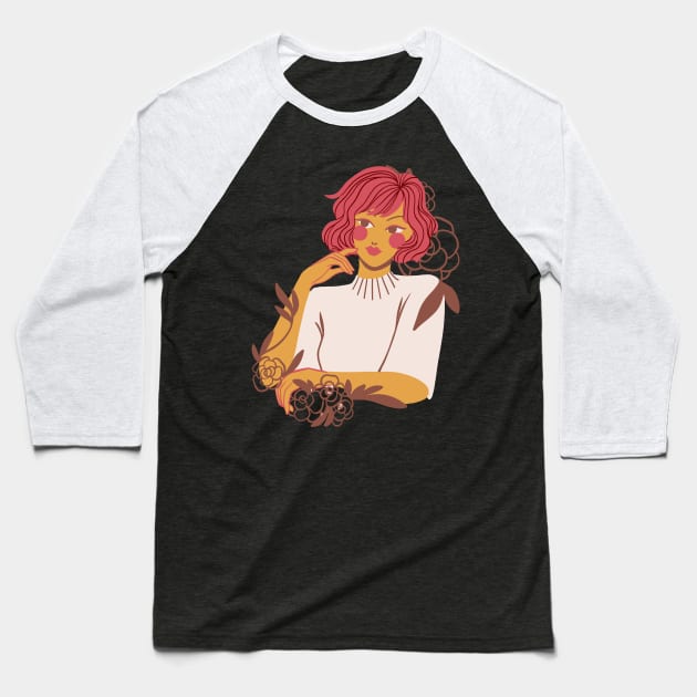 Wild Girl Floral Woman With Flowers Redhead Baseball T-Shirt by olivetees
